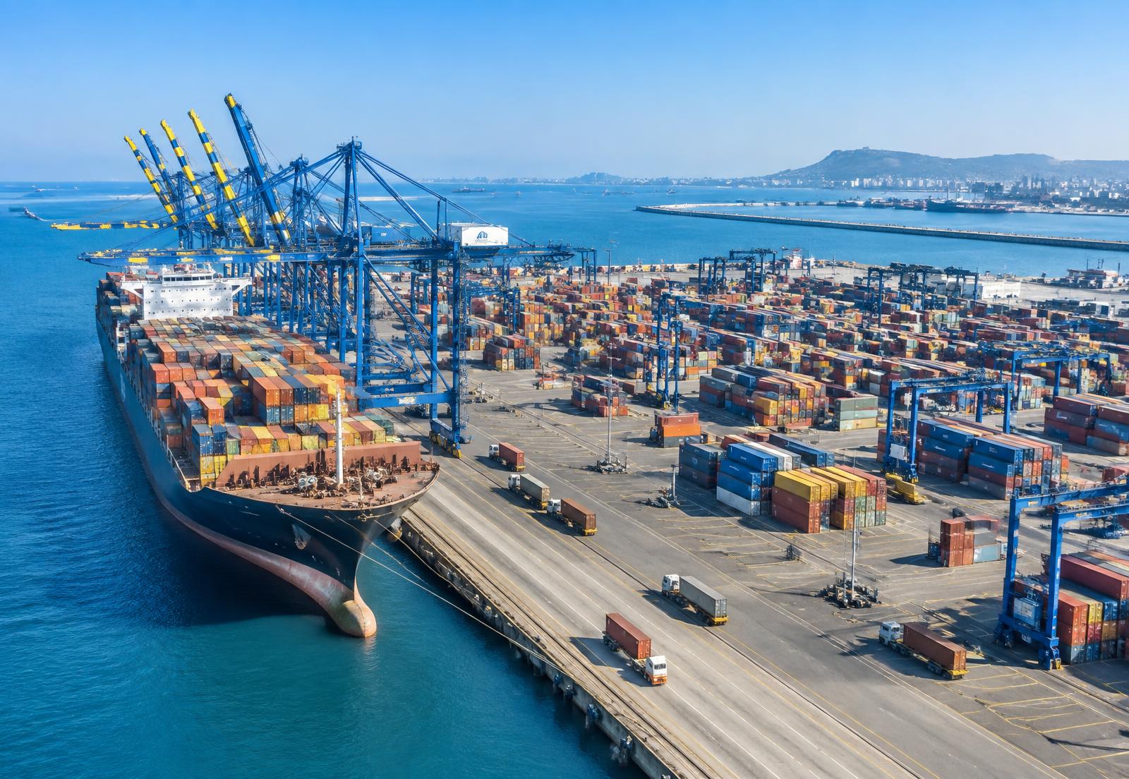 Container vessel at a global port in daylight